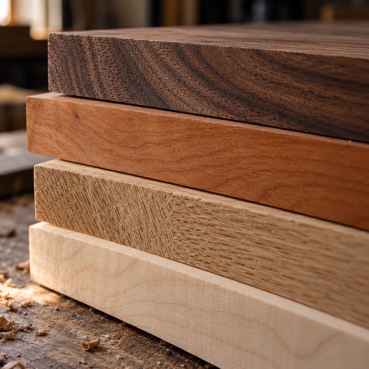 Close-up of four stacked boards in light, mid and dark woods showing their grain