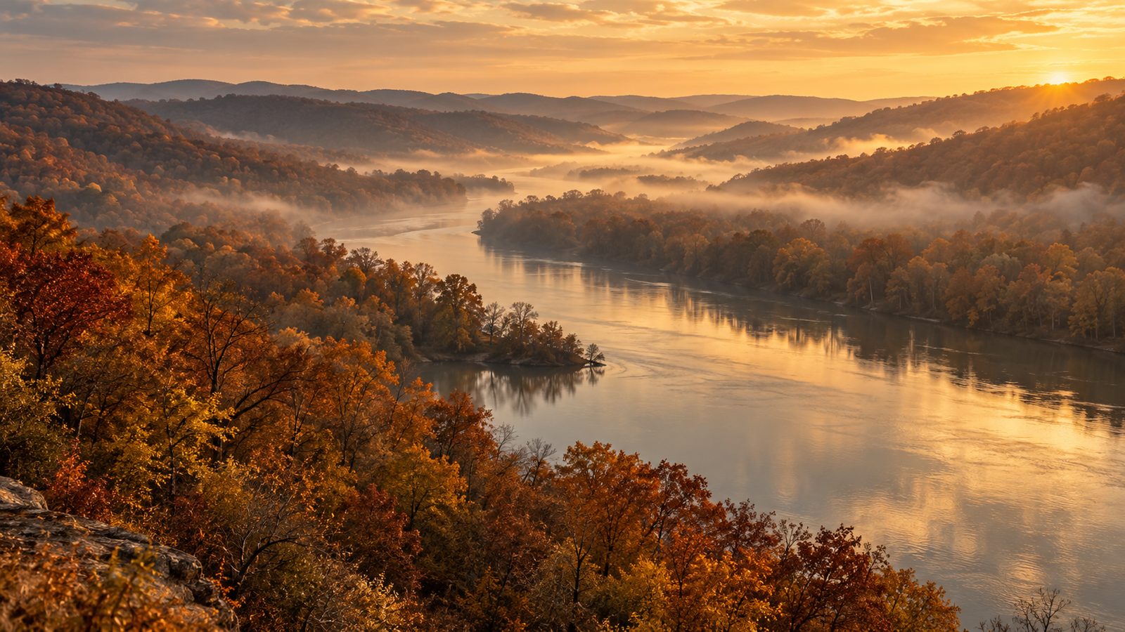 Wooded hills in autumn colors above a wide river valley at sunrise